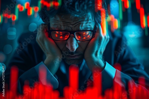 sadness investor emotional stress, on chart digital background, subprime economic crisis. disheartened by the financial crisis, the plunge in stock prices, and the failure to invest. generative AI photo