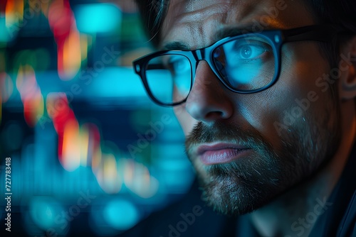 sadness investor emotional stress, on chart digital background, subprime economic crisis. disheartened by the financial crisis, the plunge in stock prices, and the failure to invest. generative AI photo