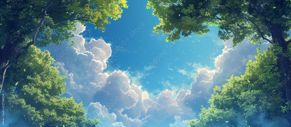 A Serene Sky Background with Vibrant Blue, Whimsical Clouds, and Lush Green Trees Set Against a Leaf-Filled Canopy A Serene Sky Background with Vibrant Blue, Whimsical Clouds, and Lush Green Trees Set Against a Leaf-Filled Canopy