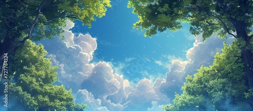 A Serene Sky Background with Vibrant Blue, Whimsical Clouds, and Lush Green Trees Set Against a Leaf-Filled Canopy