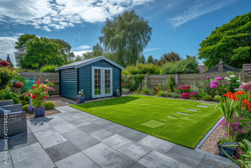 A general view of a back garden with artificial grass, grey paving slab patio, flower bed with plants, timber fences, blue shed, summer house garden timber outbuilding, with tropical garden © Kien