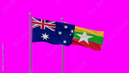 Wallpaper Mural Myanmar aka Burma flag and Australia flag waving with colored chroma key for easy background remove, endless seamless loop, two country relations concept Torontodigital.ca