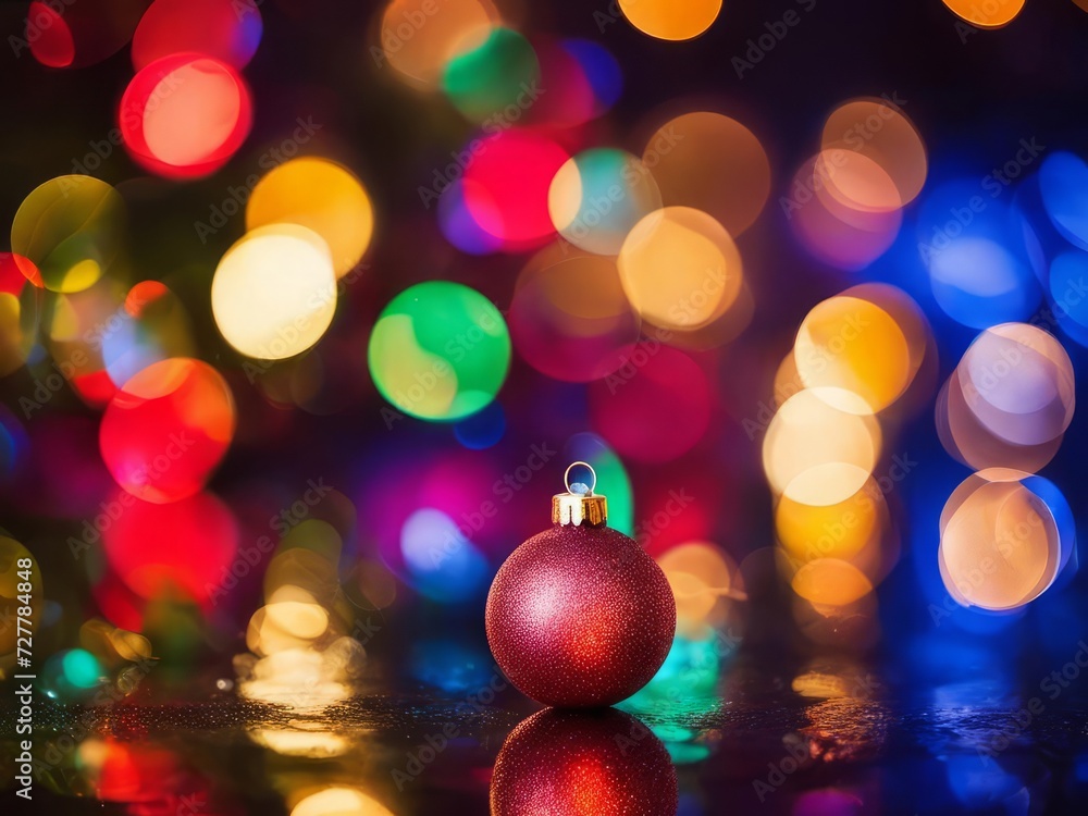 Fototapeta premium Colorful Christmas Tree With Baubles And Blurred Shiny Lights Bokeh