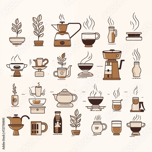 Coffee Cup Icon Set with Vector Illustrations of Hot Espresso, Cappuccino, and More for Cafe, Restaurant, and Kitchen Designs
