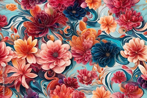 An HD-captured image showcasing the harmonious dance of colorful liquids on a simple backdrop, complemented by elegant flower patterns for a modern and sophisticated visual experience