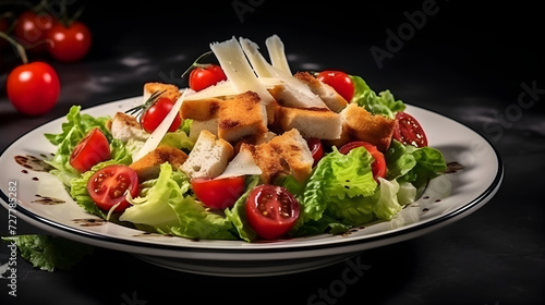 Caesar salad with chicken fillet and cherry tomatoes.