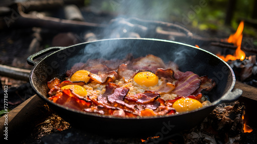 Camping breakfast with bacon and eggs in a cast iron.