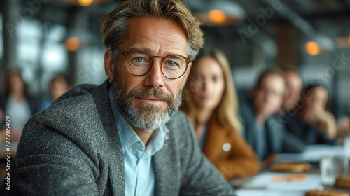 Portrait of a handsome man in glasses siting in a creative office with his colleagues in the background