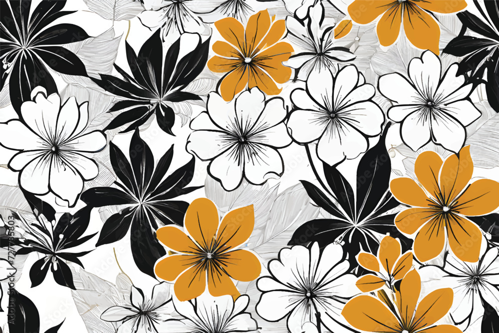Seamless floral background. Floral pattern. Black and white seamless floral pattern. Black paint vector illustration with abstract floral art. Textiles, paper, wallpaper decoration. Vintage background
