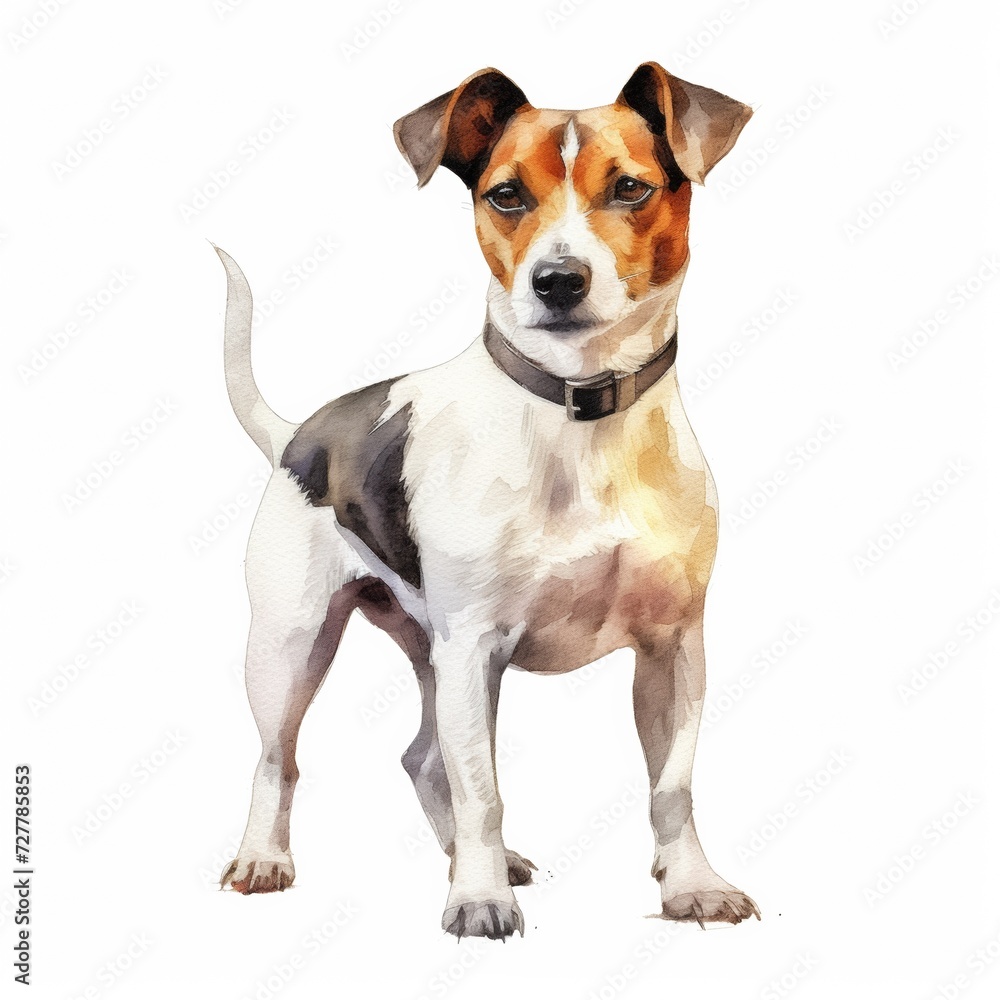 Watercolor closeup portrait of cute Jack russel terrier breed puppy isolated on white background. Shorthair small-sized small terrier dog. Hand drawn sweet home pet. Greeting card design. Clip art