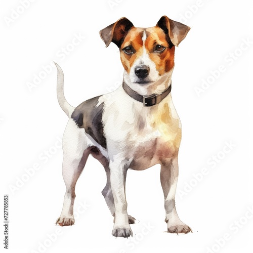 Watercolor closeup portrait of cute Jack russel terrier breed puppy isolated on white background. Shorthair small-sized small terrier dog. Hand drawn sweet home pet. Greeting card design. Clip art