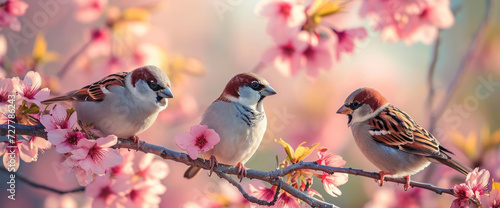 Bright Winged Beauty: A Cute Sparrow perched on a Blossoming Cherry Tree Branch in a Sunny Garden