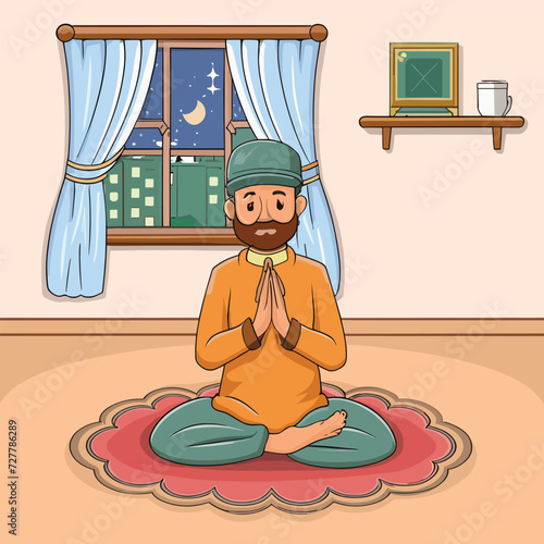 Muslim people is praying salat dhuha on a prayer mat in his room photo