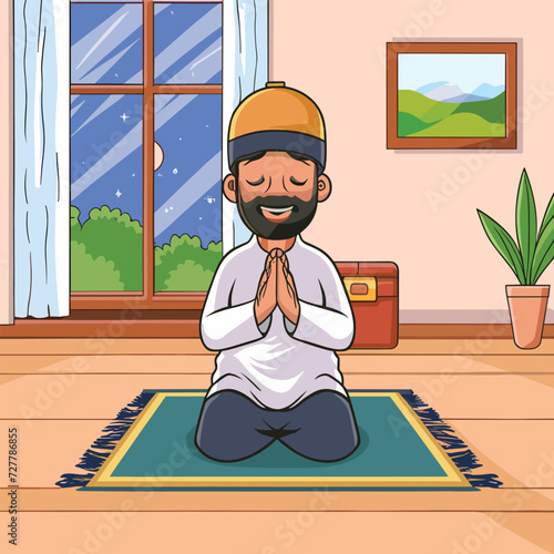 Muslim people is praying salat dhuha on a prayer mat in his room photo