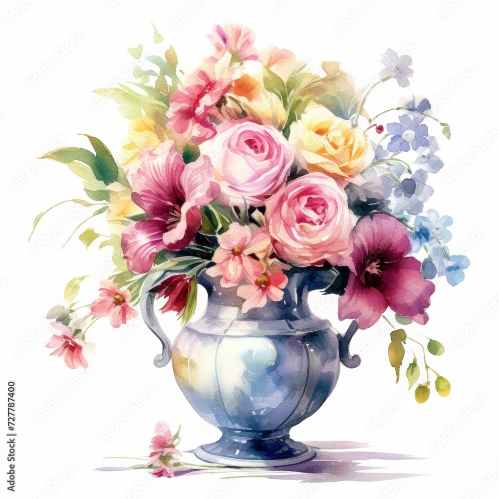 Obraz premium Watercolor vase of flower, isolate on white background.