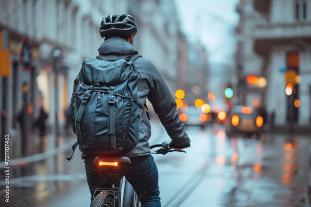 Man Riding a Bike Down a Rain-Soaked Street Man Riding a Bike Down a Rain-Soaked Street