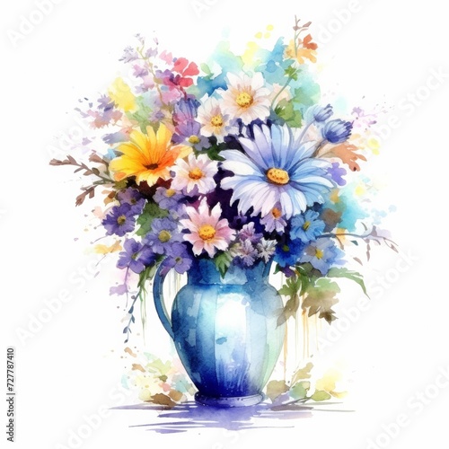 Watercolor vase of flower  isolate on white background.