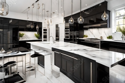 A sleek and sophisticated black and white kitchen with high-gloss cabinets, marble countertops, and minimalist design. Timeless elegance meets modern aesthetics photo