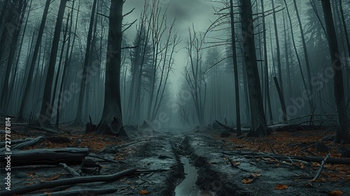 Dark desolate forest with dead trees, Broken braces, Scary. Generative AI. photo