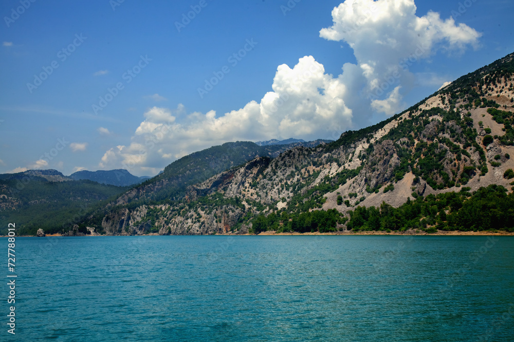 Oymapinar Lake, Turkey. Landscape of a mountain lake. Emerald water reservoir behind the dam Oymapinar. Green Canyon in Manavgat region, Turkey. High quality photo