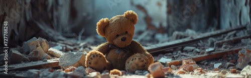 Brown Teddy Bear Sitting on Pile of Rubble