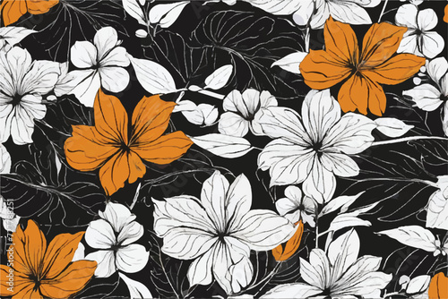 Seamless floral background. Floral pattern. Black and Orang seamless floral pattern. Black paint vector illustration with abstract floral art. Textiles, paper, wallpaper decoration. Vintage background