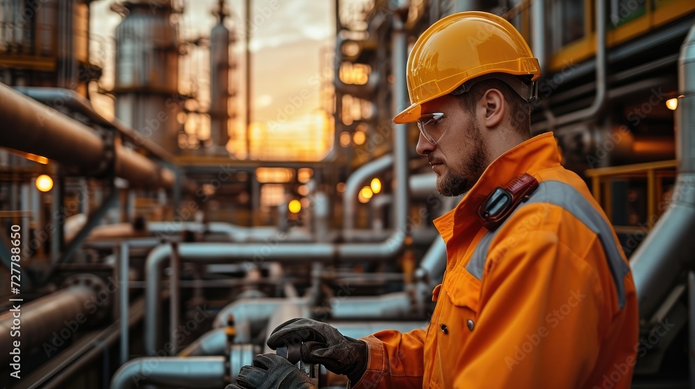 A worker in standout orange uniforms and safety orange helmets operate the hydraulic machinery a chemical refinery. Generative AI. A worker in standout orange uniforms and safety orange helmets operate the hydraulic machinery a chemical refinery. Generative AI.