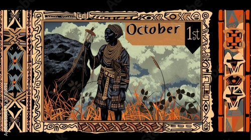 "October 1st" amidst Nigeria's Zuma Rock for Independence Day, with traditional African patterns bordering the design.