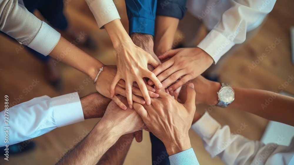 Close up top view of young business people putting their hands together. Stack of hands. Unity and teamwork concept. Close up top view of young business people putting their hands together. Stack of hands. Unity and teamwork concept.