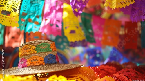 "September 16th" amidst vibrant papel picado and a sombrero, in the background, for Mexican Independence Day.