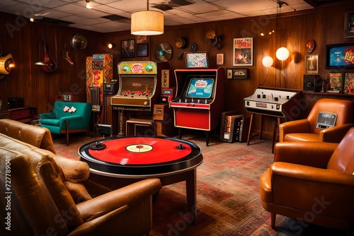 A vintage-inspired lounge with retro furniture, classic arcade games, and vinyl record players creating a nostalgic ambiance. photo