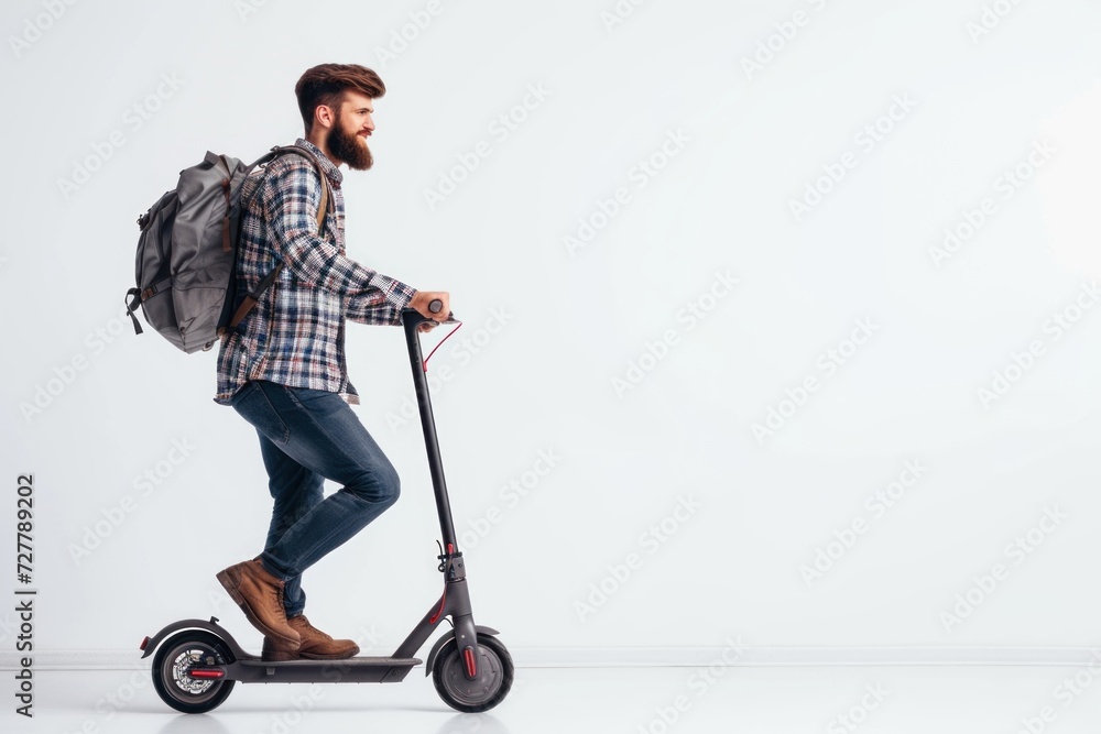 Man With Backpack Riding Scooter Man With Backpack Riding Scooter
