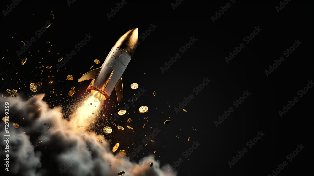 conceptual image of a rocket launching surrounded by coins, symbolizing financial growth, investment success, or startup funding conceptual image of a rocket launching surrounded by coins, symbolizing financial growth, investment success, or startup funding