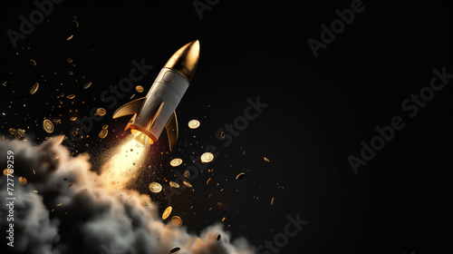 conceptual image of a rocket launching surrounded by coins, symbolizing financial growth, investment success, or startup funding