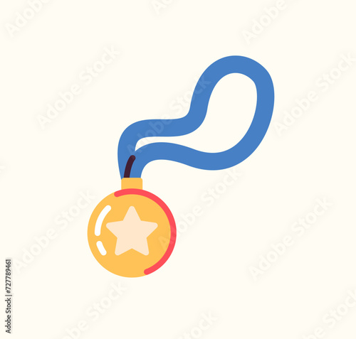 Gold medal and blue ribbon, victory winner champion award, competetion gold star badge concept flat vector illustration.