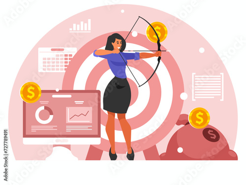 Woman shooting from a bow. Businesswoman aims at the target. Business goals. Planning. Efficient use of worktime for implementation of the business plan. Return on investment ROI concept. Vector