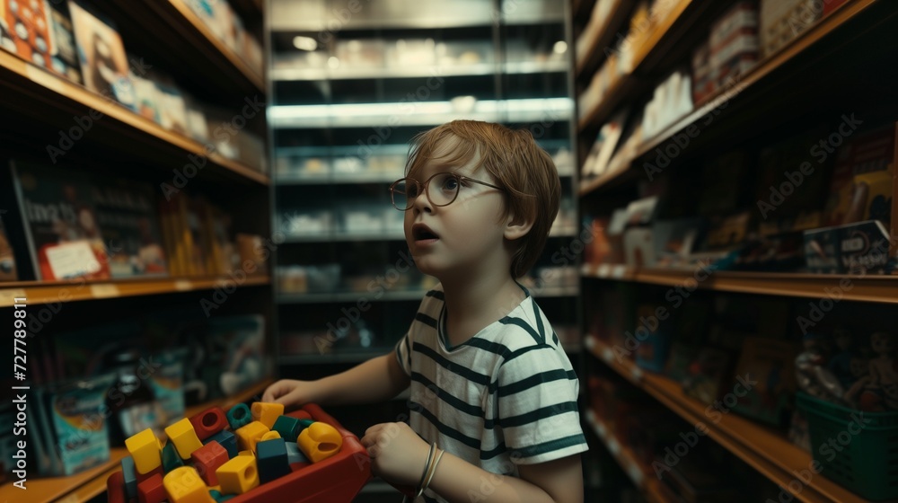 Curious child with glasses in a toy store, holding a red basket of building blocks and gazing up in wonder at the colorful shelves.