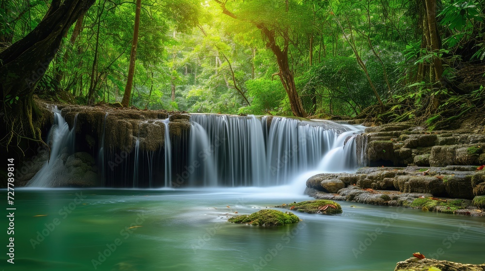 Panoramic beautiful deep forest waterfall Panoramic beautiful deep forest waterfall