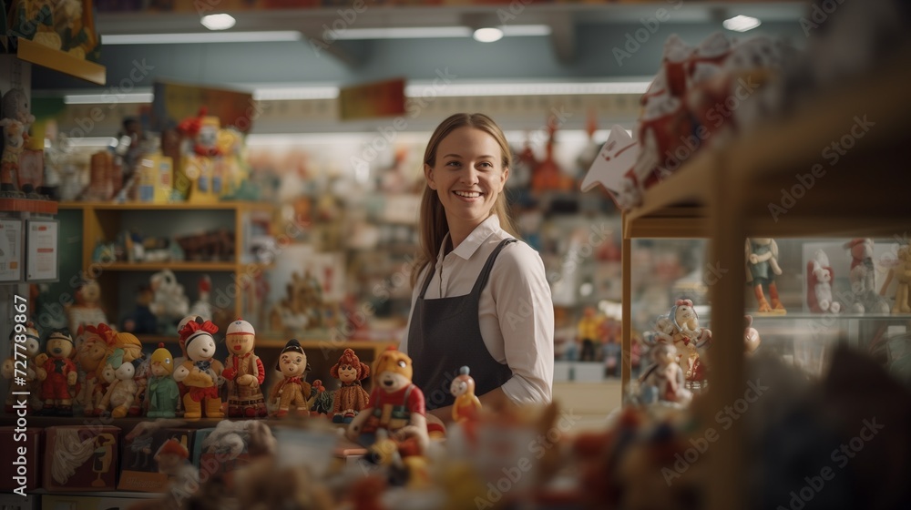 Welcoming saleswoman with a friendly smile in a toy store, surrounded by a cheerful array of colorful toys, enhancing the pleasant shopping experience.