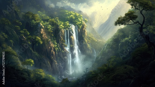 Panoramic beautiful deep forest waterfall