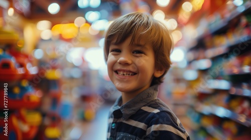 Joyous boy with a bright smile in a toy store, with a bokeh of colorful lights and toys creating a lively and warm shopping experience.