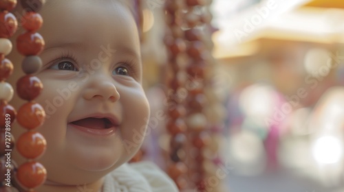 Radiant baby with a gleeful smile, enjoying the warm, inviting atmosphere of a toy store, illuminated by soft bokeh lights that highlight the infant's joy and wonder.