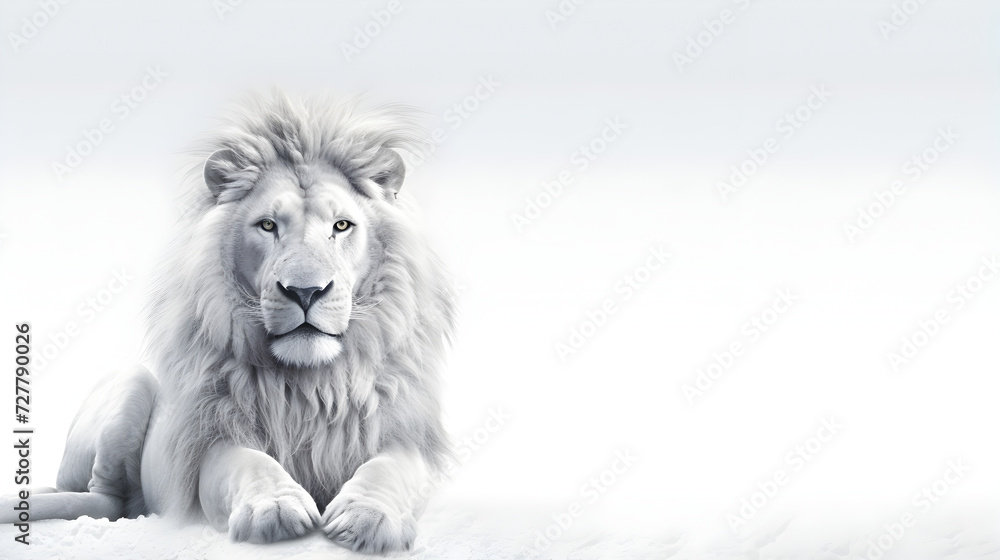 Close-up of lion sitting on white surface.