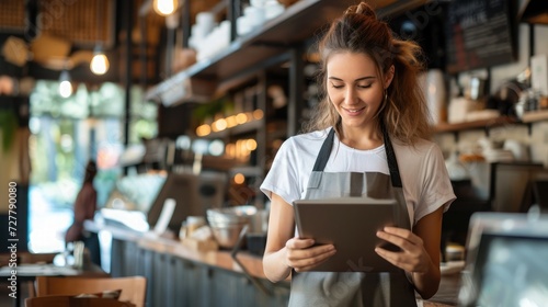 woman in restaurant tablet and inventory check small business