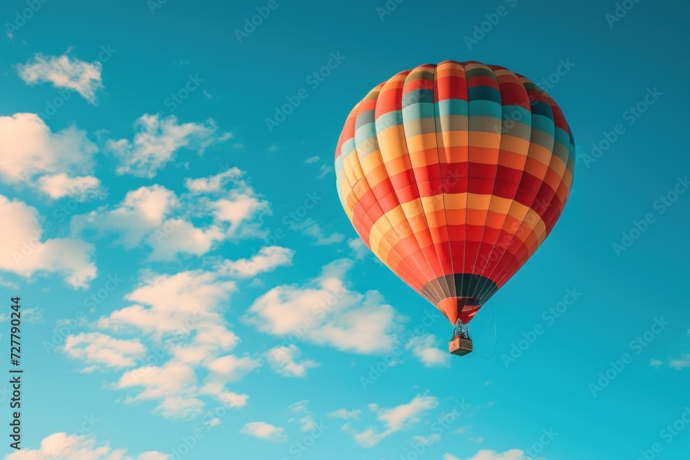 Naklejka premium A Hot Air Balloon Soars Through the Vibrant Blue Sky