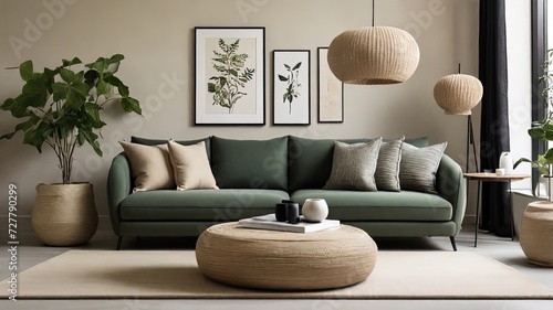 Modern living room with green sofa, botanical art prints, natural textures. Home decor, real estate, interior design theme. Digital art. Ideal for web, print, advertising