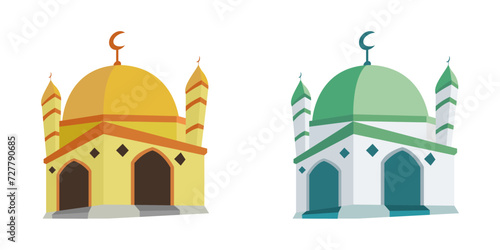 Vector cartoon illustration of a gold and green mosque building icon, perfect for decorating Ramadan greeting cards, icons, etc
