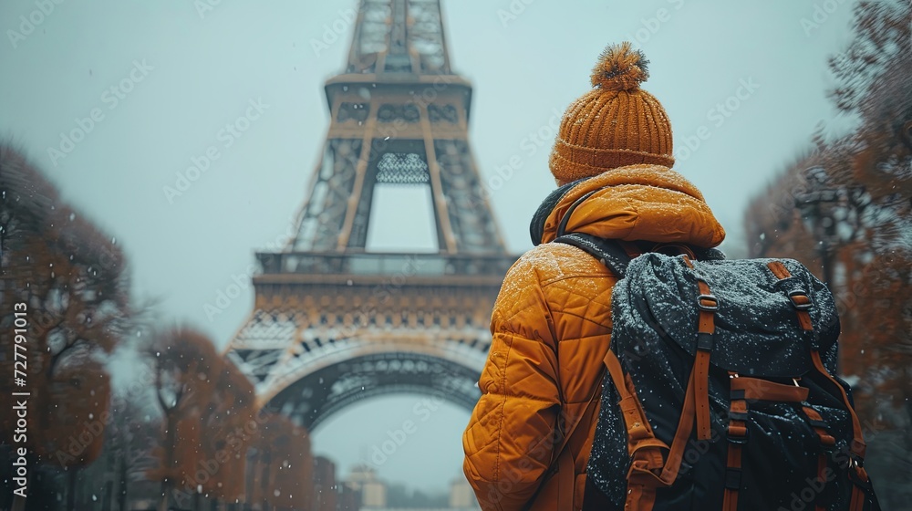 Person With Backpack at Eiffel Tower
