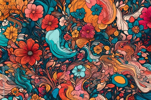 Close-up shot capturing the dynamic interplay of colorful liquids in a sleek and modern illustration, accentuated by intricate flower motifs photo