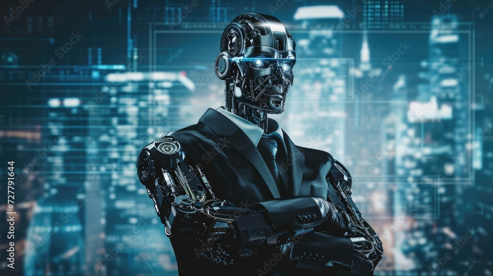 An anthropomorphic robot in a businessman's suit with crossed arms. Business oriented automaton, financial indicators. Artificial intelligence in the business world. An anthropomorphic robot in a businessman's suit with crossed arms. Business oriented automaton, financial indicators. Artificial intelligence in the business world.